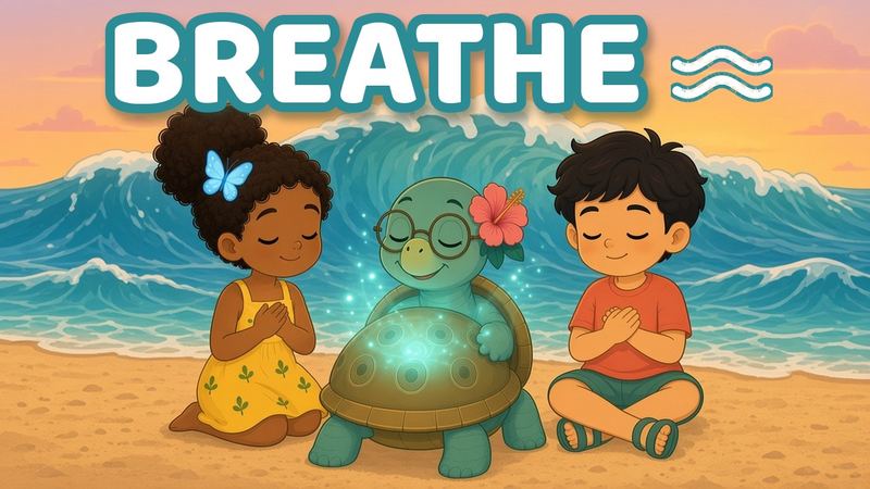 Lumi, Kai and Tula sitting by the sea with their eyes closed, breathing together