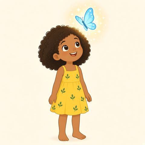 Lumi, a girl with curly hair in a yellow sundress, with a glowing blue butterfly